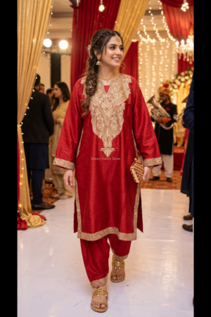 Embroidered Pheran Farshi Salwar with Organza Dupatta